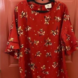 Women's Red Floral Ruffle Sleeve Blouse